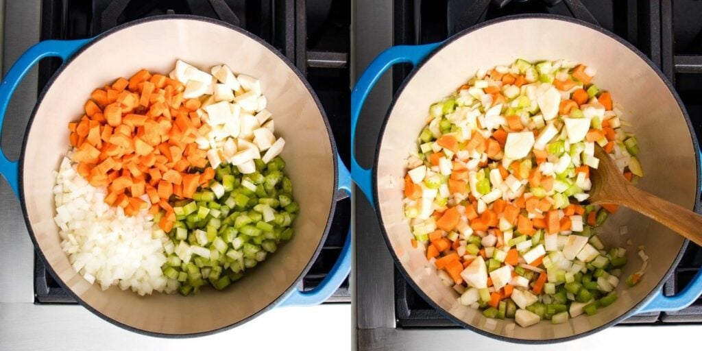 Left is a pot of chopped veggies: carrots, onions, parsnips and celery. On the right, the same pot with the veggies mixed together.