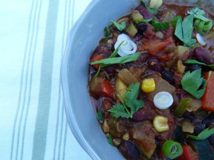 Half a grey bowl filled with chili is shown with scallions and fresh cilantro as garnish, plus red tomatoes and yellow corn can be seen in what otherwise looks like brown mush.