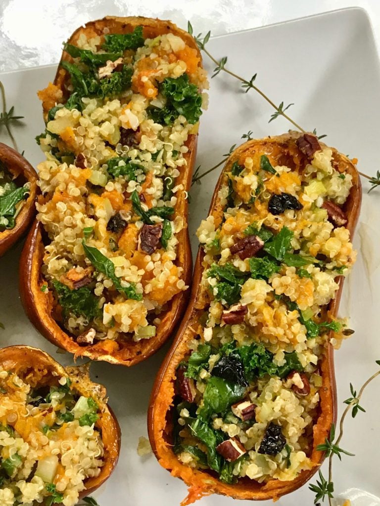 Stuffed butternut squash with quinoa, kale and dried cherries.