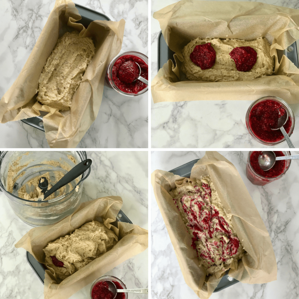 Step by step filling loaf pan with batter and raspberry jam.