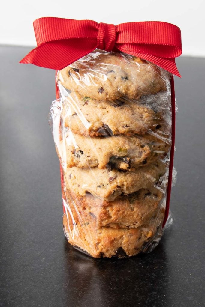 Gluten-free vegan cookies wrapped and tied with a bow.