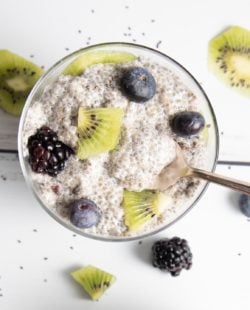 Vanilla Chia Pudding with berries and kiwi.