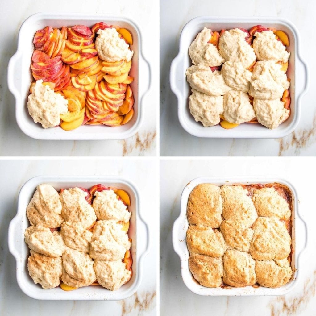 Square baking dish filled with peaches and scoops of cobbler topping, sprinkled with cinnamon and baked.