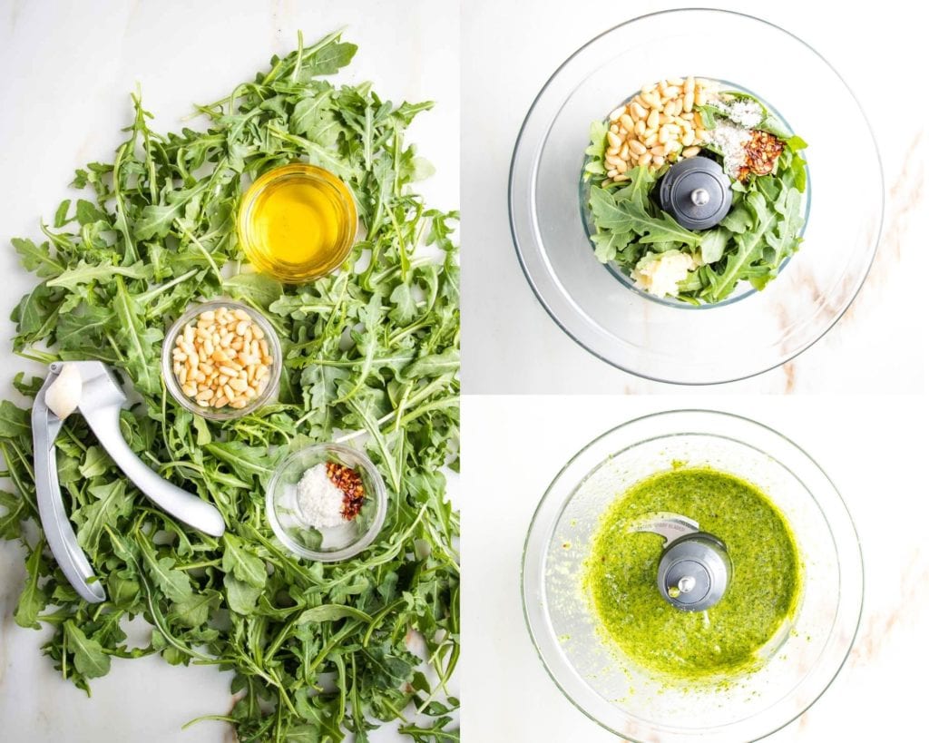Arugula Aioli ingredients: arugula, garlic, olive oil, pine nuts, salt and crushed red pepper. Mixed into an aioli in a food processor.