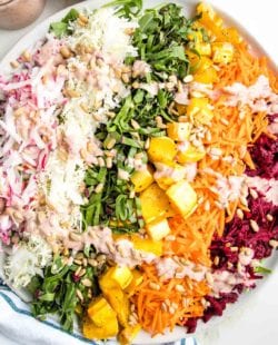 Shredded rainbow salad on a round rimmed white plate: a layer of arugula covered with shredded radish, green cabbage, beet leaves, roasted delicata squash, shredded carrots, purple cabbage and red beets.