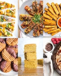 Collage of photos for game day recipes. Flatbread pizza, stuffed mini peppers, vegan mozzarella sticks, cookes, cornbread, skillet cookie