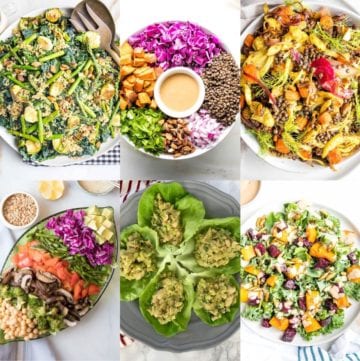 Grid with three photos on top, three on bottom. All colorful salads with grains and greens and roasted veggies in different assortments.