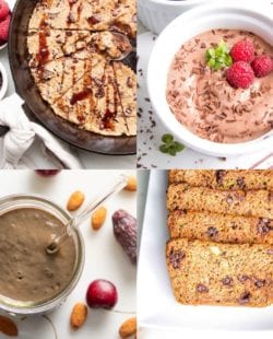 4 square grid of photos: chocolate chunk skillet cookie, chocolate pudding with chocolate shavings and raspberries, chocolate shake, and chocolate chip zucchini bread
