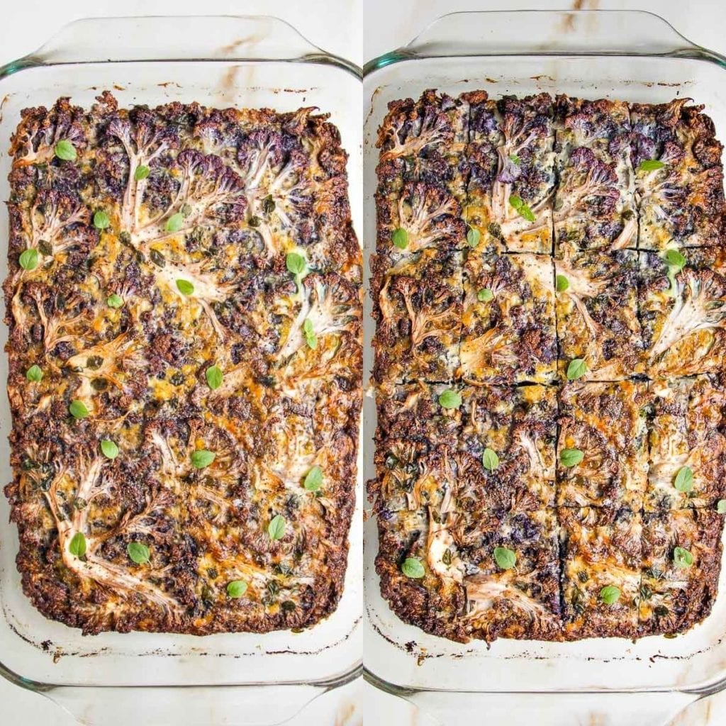 Two side by side photos of a baked kugel. On the right, it is sliced into squares.