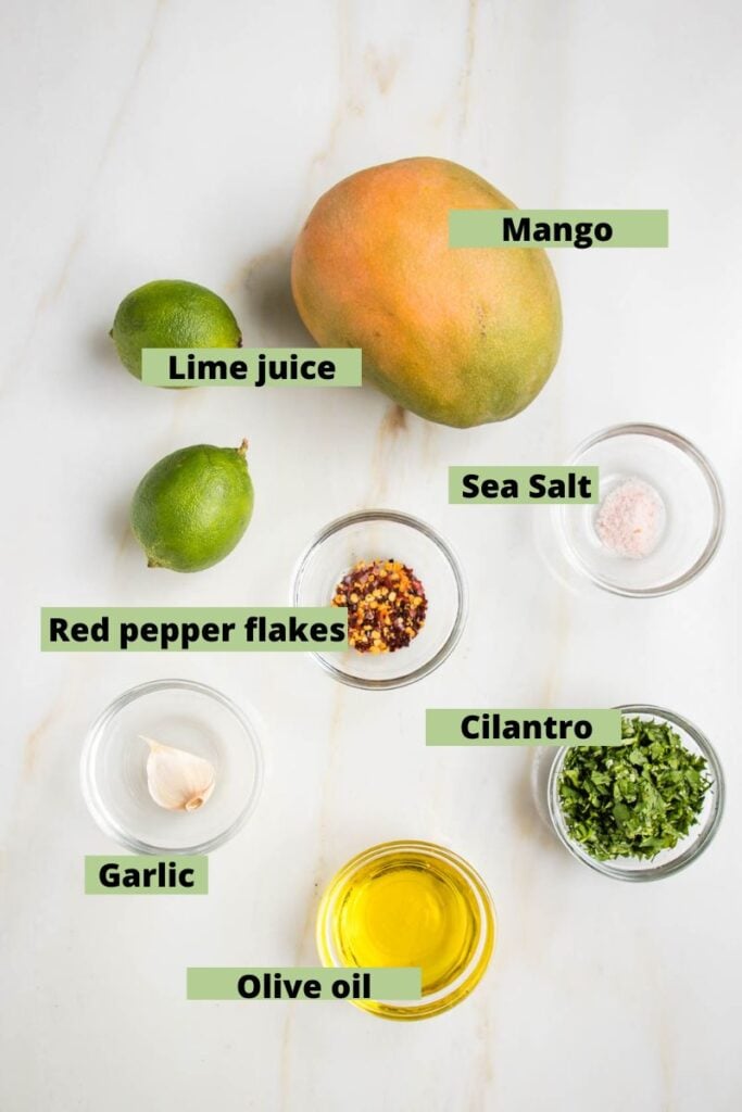Labeled ingredients: mango, two limes, red pepper flakes, sea salt, garlic, olive oil, chopped cilantro