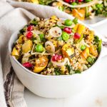 Brightly colored salad with quinoa, pomegranate, roasted squash, peas, shallots.