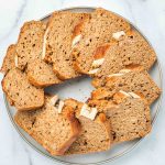 Slices of banana bread, on a platter.