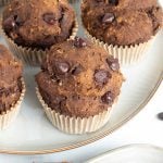 Double chocolate chocolate chip muffin, close up.