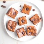 Vegan brownies with chocolate chips on top.