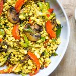 Scrambled tofu with mushrooms, red peppers and scallions