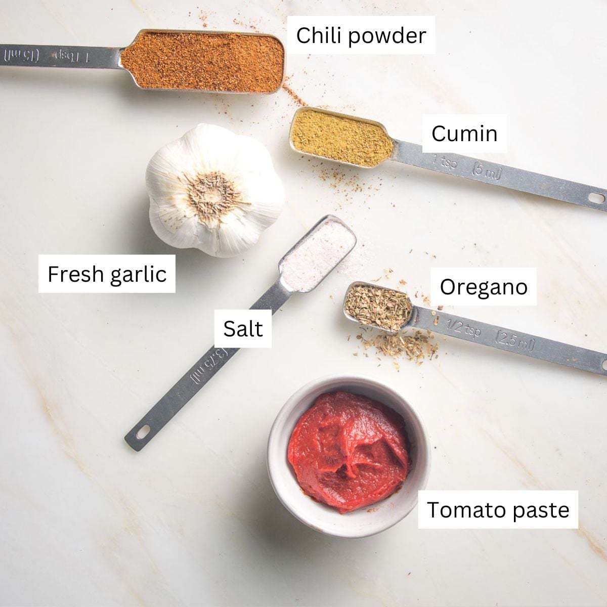 Labeled ingredients for homemade red enchilada sauce including chili powder, cumin, fresh garlic, oregano, salt and tomato paste.