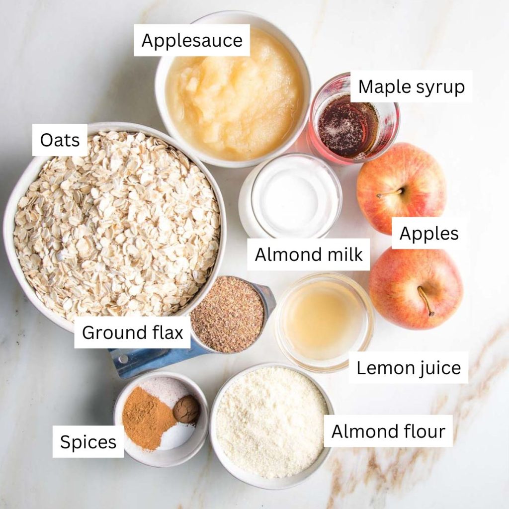 Labeled ingredients: applesauce, oats, almond milk, maple syrup, apples, spices, lemon juice and almond flour.