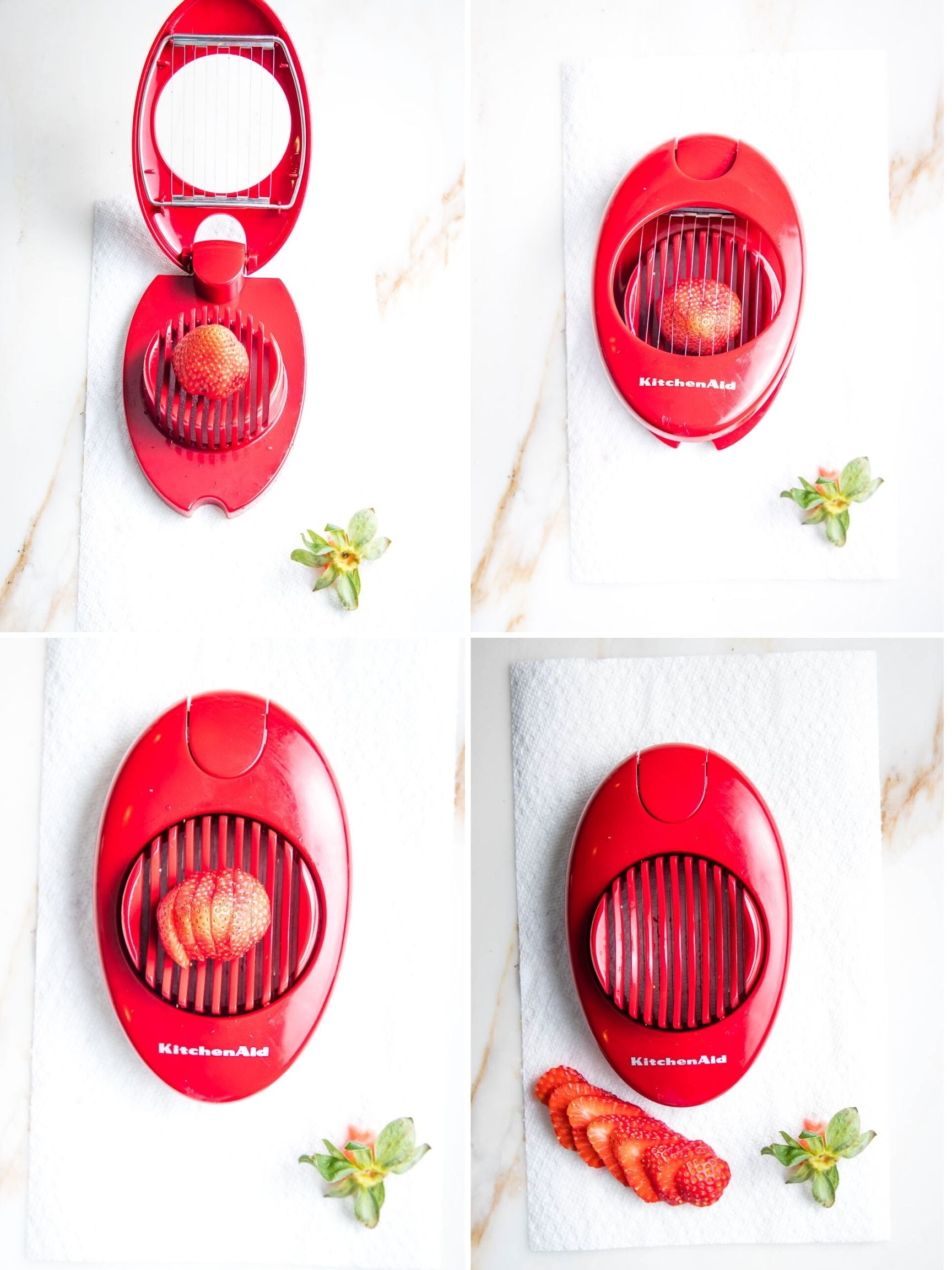 Using an egg slicer to slice strawberries. 