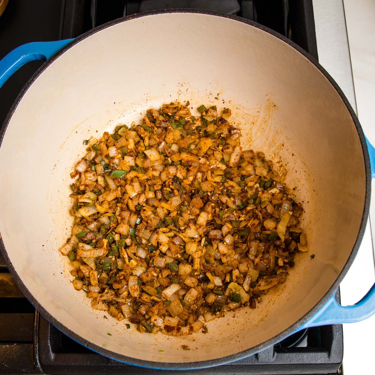 sauteed onions, garlic, jalapenos and taco seasonings.
