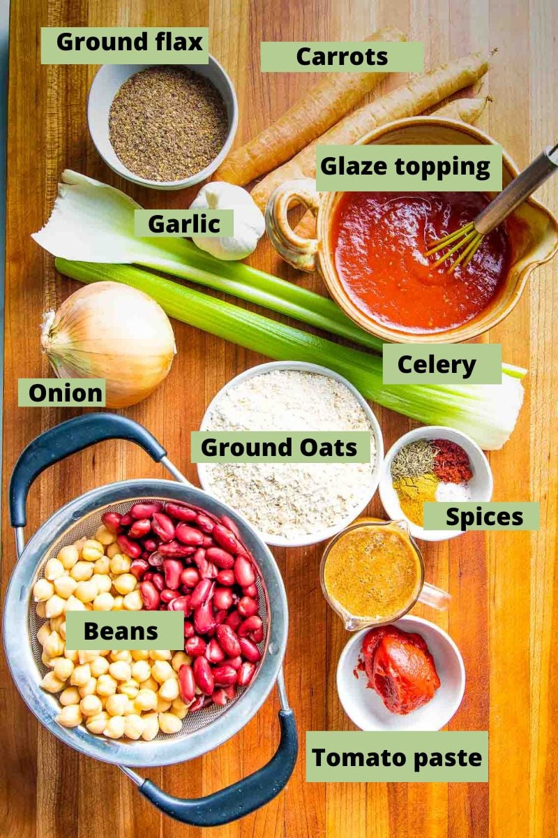 Labeled ingredients beans, garlic, ground oats, celery, spices, glaze topping, ground flax, and carrots.