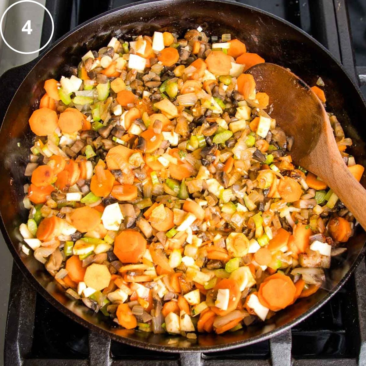 Sauteed veggies and herbs for vegetable filling in shepherd's pie.