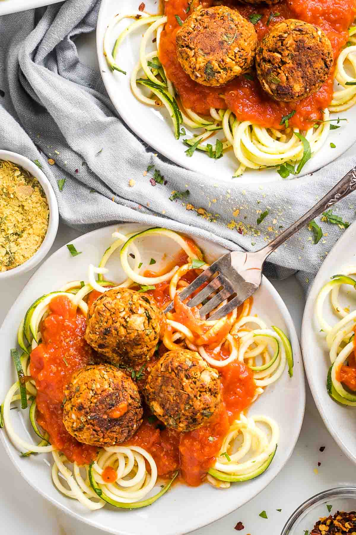 Zucchini noodles with bean based meatballs and marina sauce.