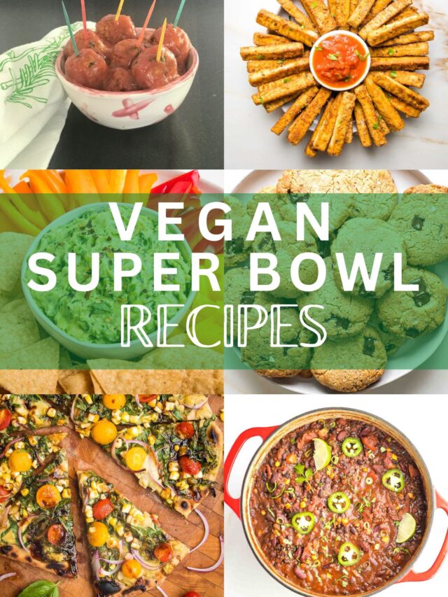 Grid of food photos, written across the center "vegan super bowl recipes"