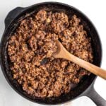 Cast iron skillet with vegan ground beef.