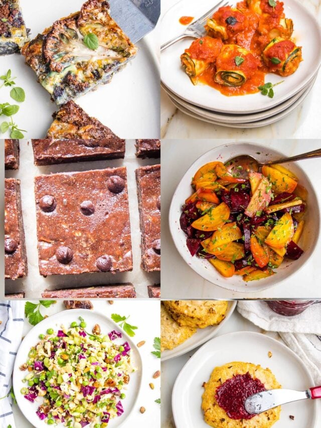 Collage of photos: cauliflower kugel, zucchini rollups, brownies, beets, rolls and colorful salad.