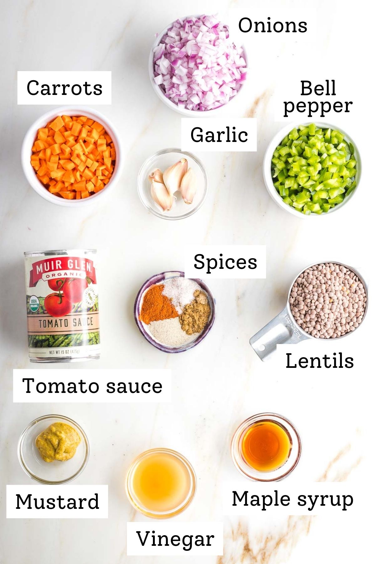 Vegan sloppy joe labeled ingredients: onion, carrot, bell pepper, garlic, spices, tomato sauce, mustard, vinegar, lentils and maple syrup.