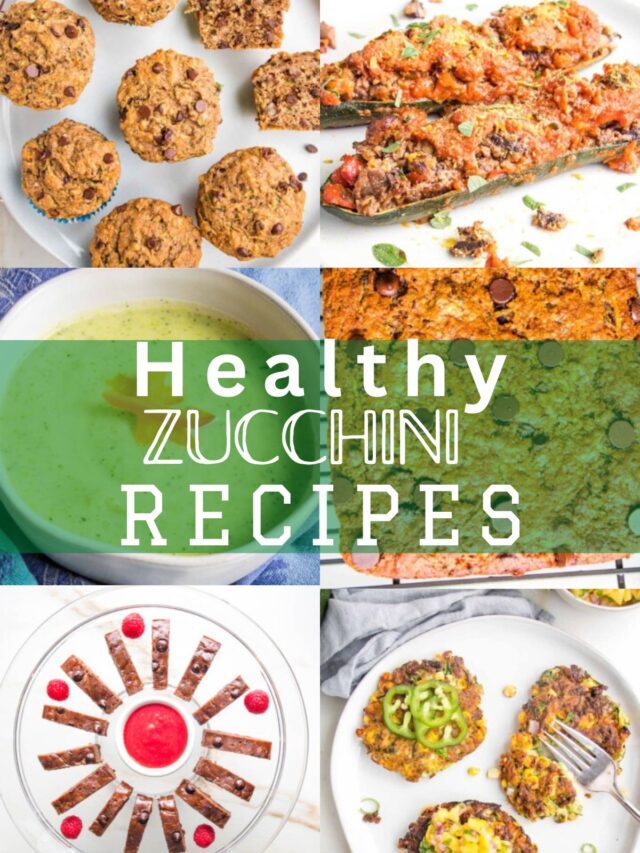 collage of healthy zucchini recipes including muffins, stuffed, brownies, fritters and zoup.