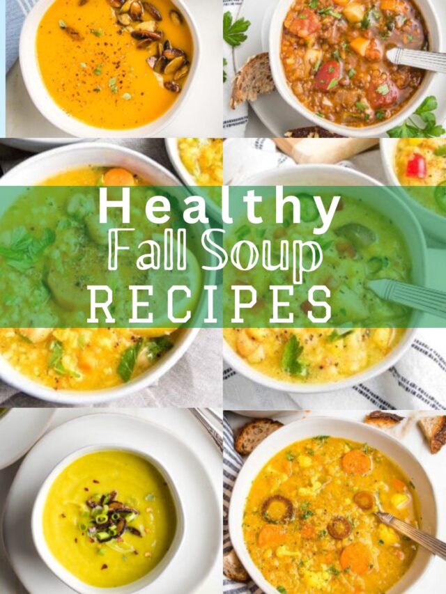collage of 6 bowls of soup with the words "healthy fall soup recipes" written across the center.