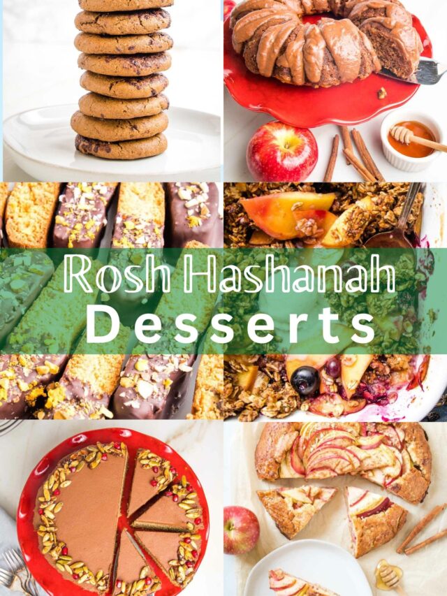Collage of dessert photos with the words "Rosh Hashanah Desserts" written across the center.