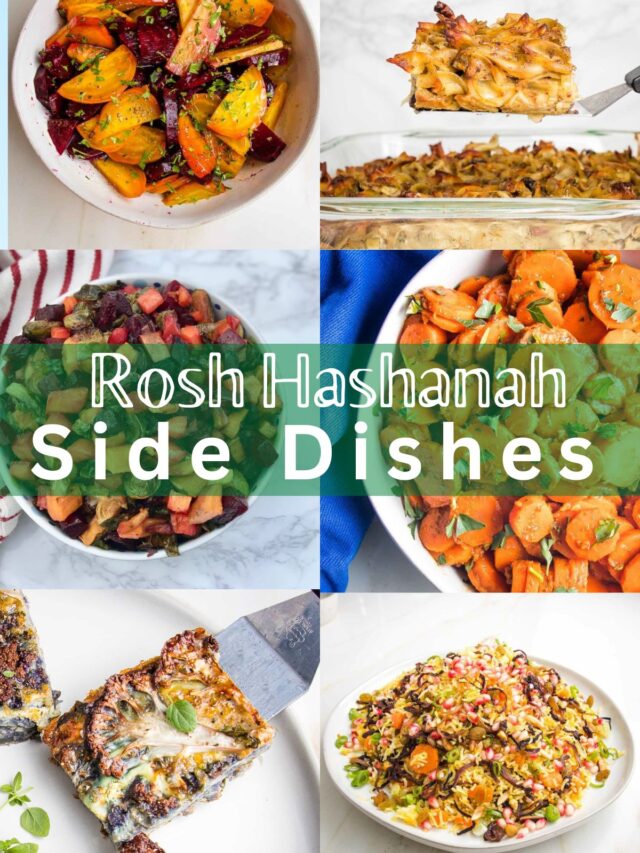Rosh Hashanah Side Dishes written across the center of a collage including kugel, carrots, beets, rice.
