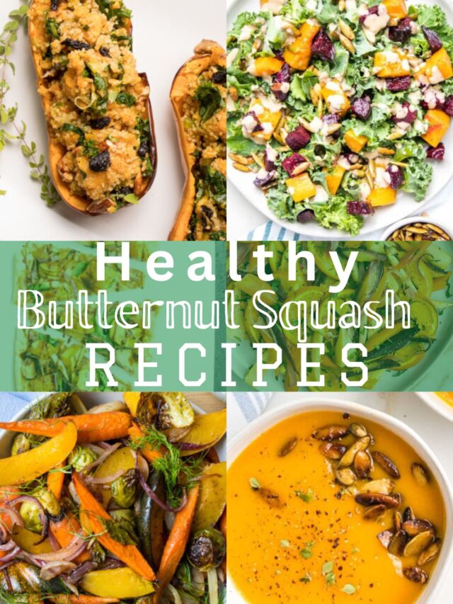 "Healthy Butternut Squash Recipes" written across the middle of a photo collage with stuffed squash, soup, salad and roasted squash.