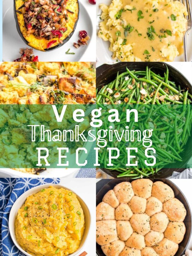 "Vegan Thanksgiving Recipes" written across center of collage with stuffed squash, mashed potatoes and gravy, green beans, stuffing, rolls and mashed squash.