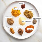 Labeled heaps of spices: paprika, sumac, cumin, turmeric, garlic powder, black pepper, cinnamon, allspice.
