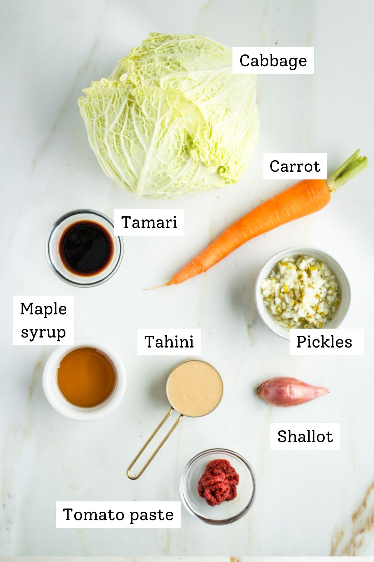 Labeled ingredients for cabbage and carrot slaw with Russian dressing.