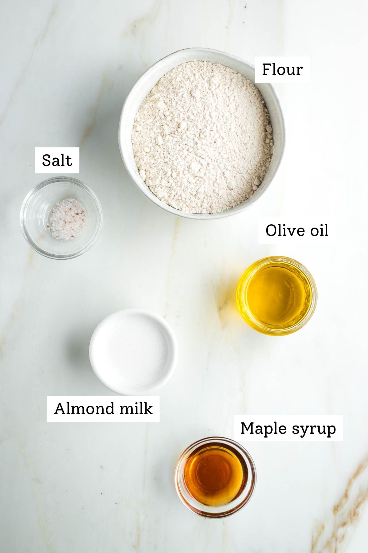 Labeled ingredients: flour, salt, olive oil, almond milk and maple syrup.