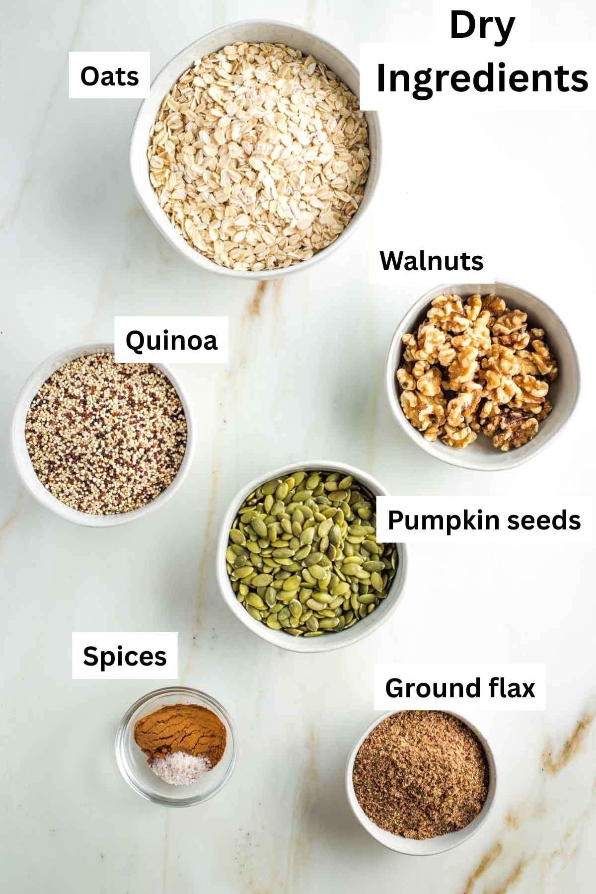 Labeled "dry ingredients" including oats, walnuts, pumpkin seeds, ground flax, quinoa and spices.