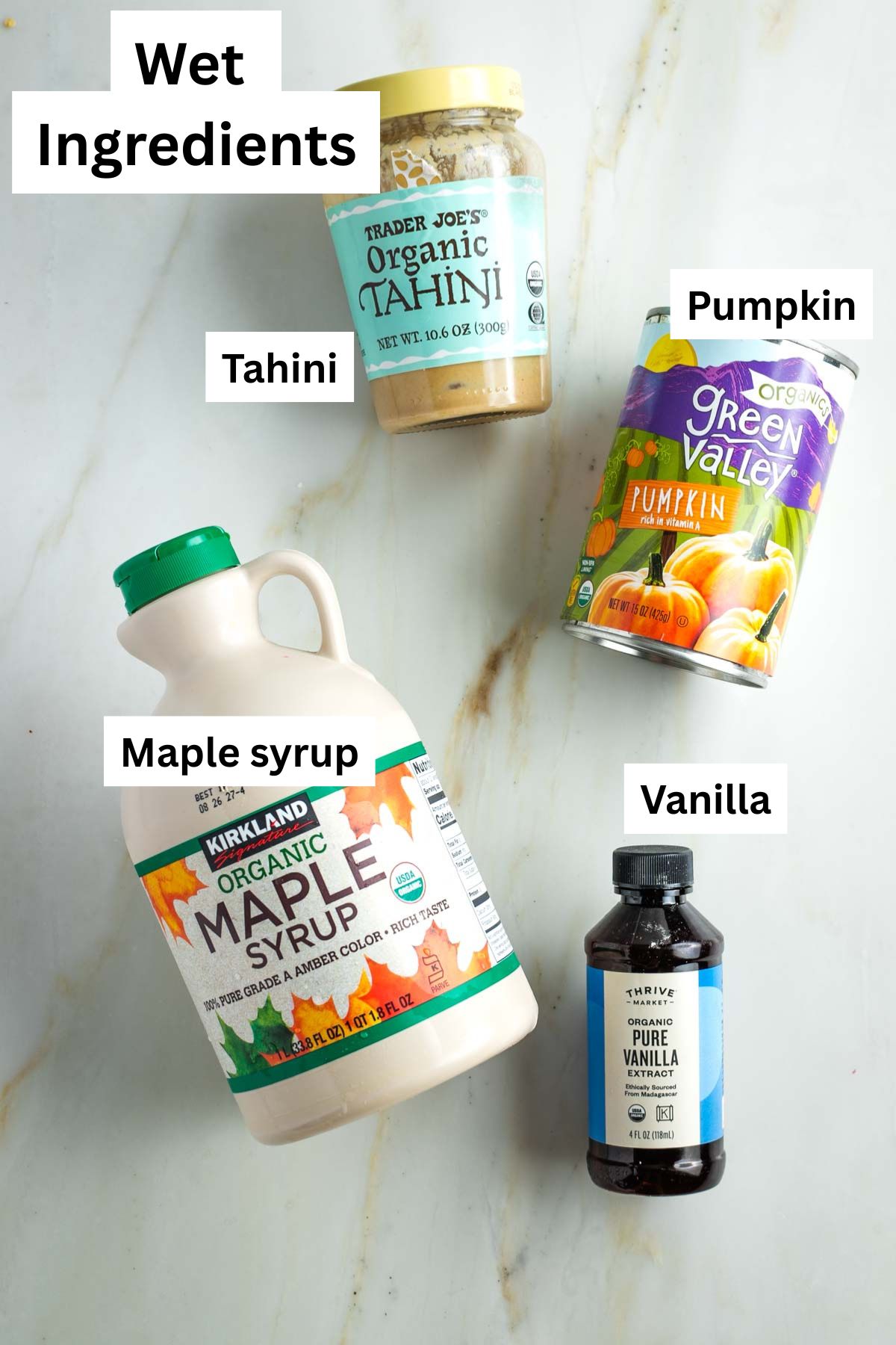 Labeled "wet ingredients" including tahini, canned pumpkin, maple syrup, vanilla.