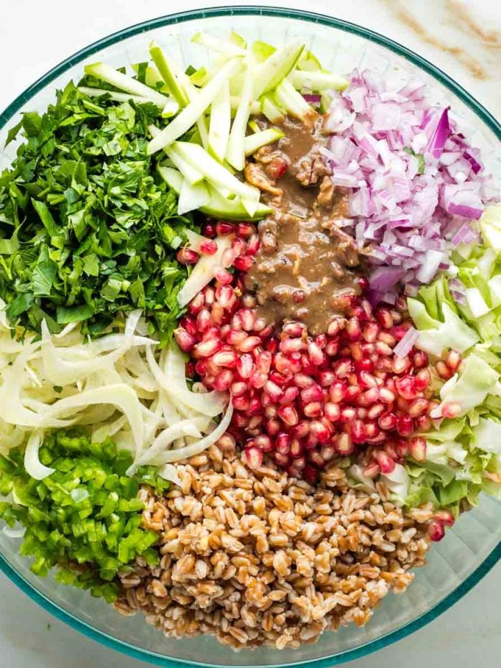 Bowl with sections of pomegranate seeds, parsley, green apple, red onion, farro, thinly sliced fennel, diced jalapeno and cabbage.