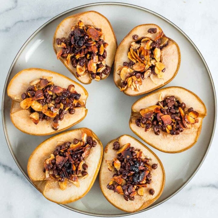 Baked pear halves, filled with chocolate and almond mixture.