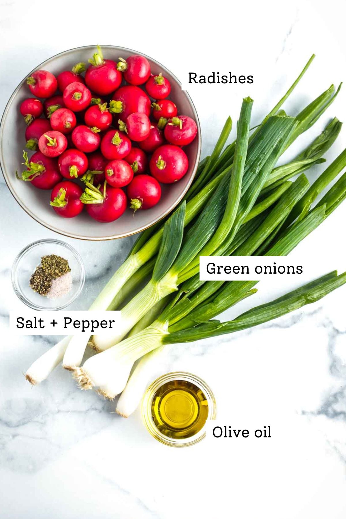Radishes, scallions, salt and pepper plus olive oil labeled ingredients shot. 