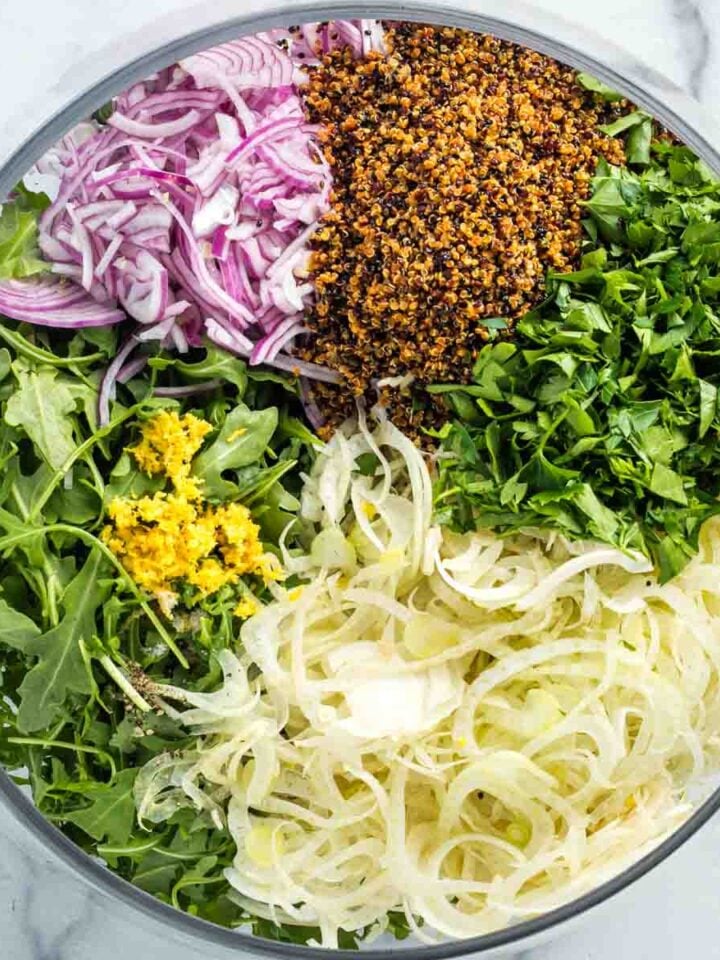Salad sections with arugula, shaved fennel, thinly sliced onion, crispy quinoa, chopped parsley and lemon zest.