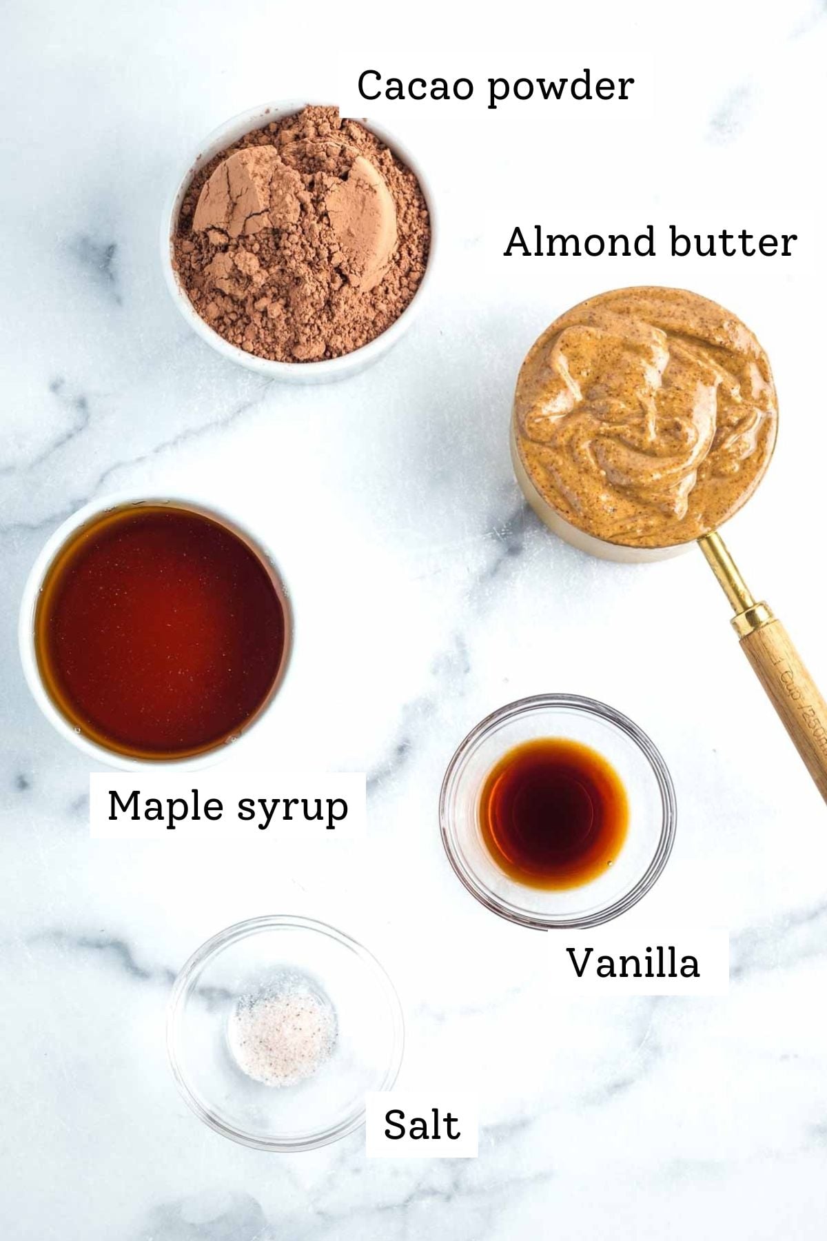 Labeled ingredients: cacao powder, almond butter, maple syrup, vanilla extract, salt.