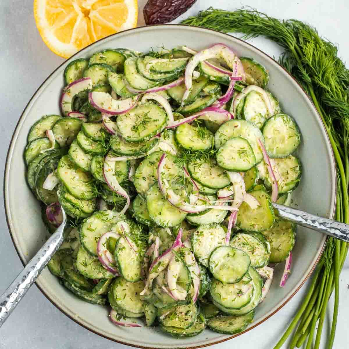Thinly sliced cucumber and red onion with creamy lemon dill dressing.