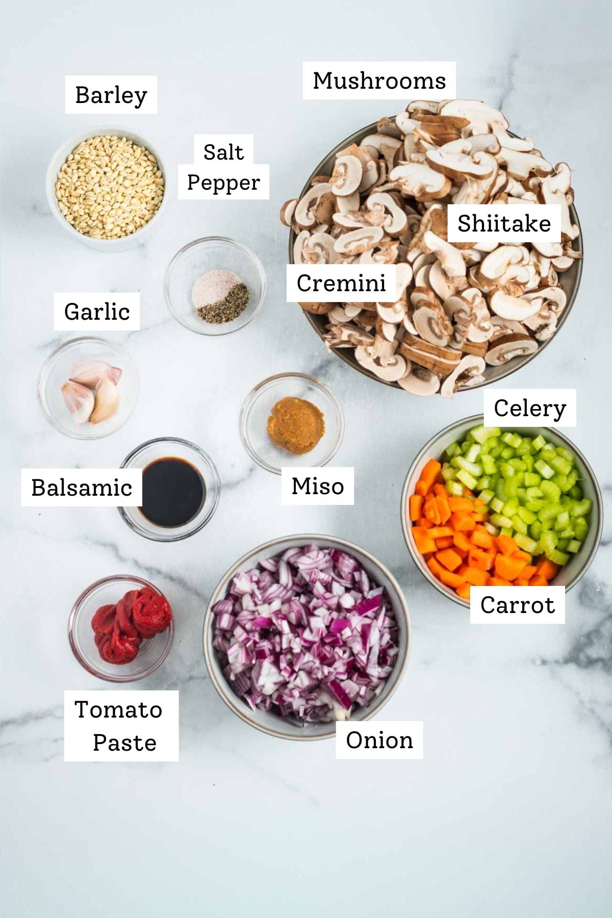 Labeled ingredients: sliced mushrooms, barley, salt and pepper, garlic cloves, chopped onion, celery and carrots, tomato paste, balsamic vinegar, miso paste.