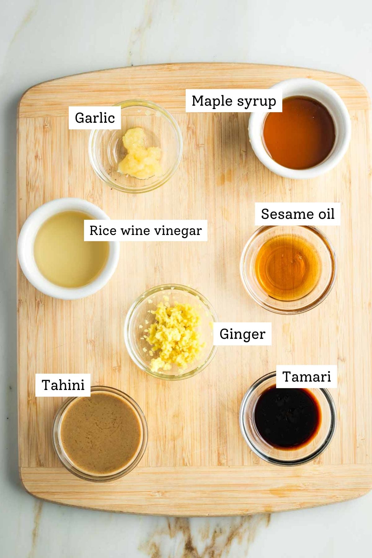 Labeled ingredients: garlic, ginger, tamari, sesame oil, vinegar, maple syrup.