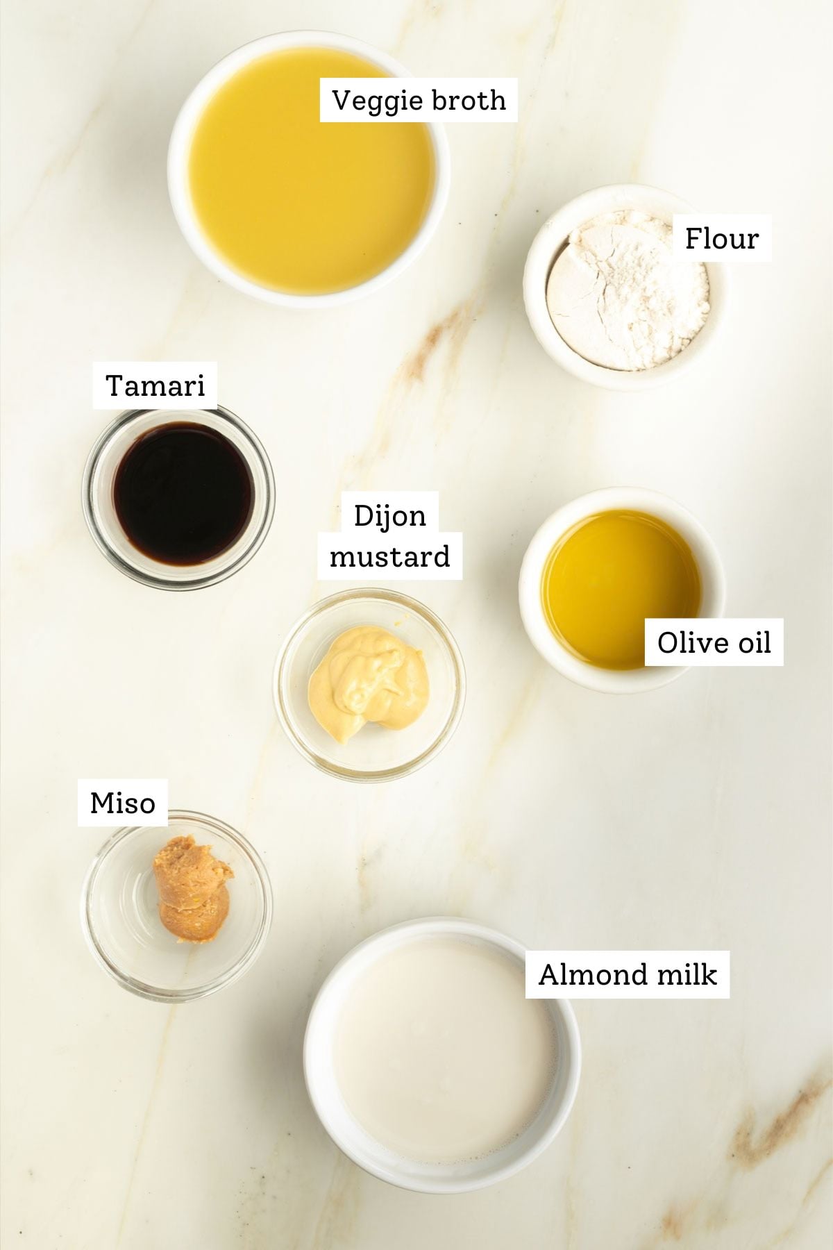 Labeled ingredients for Swedish meatball sauce.